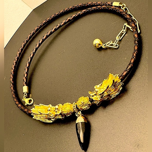DRAGONS HEAD + ONYX NATURAL CHOKER NECKLACE size adjustable - Picture 1 of 11